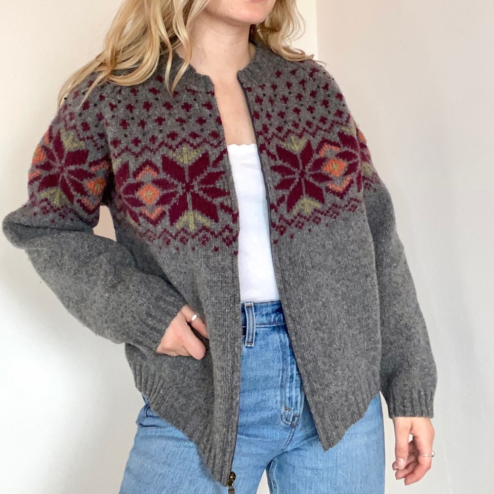 Gray Woolrich zip up Nordic snowflake pattern knit cardigan sweater size XL